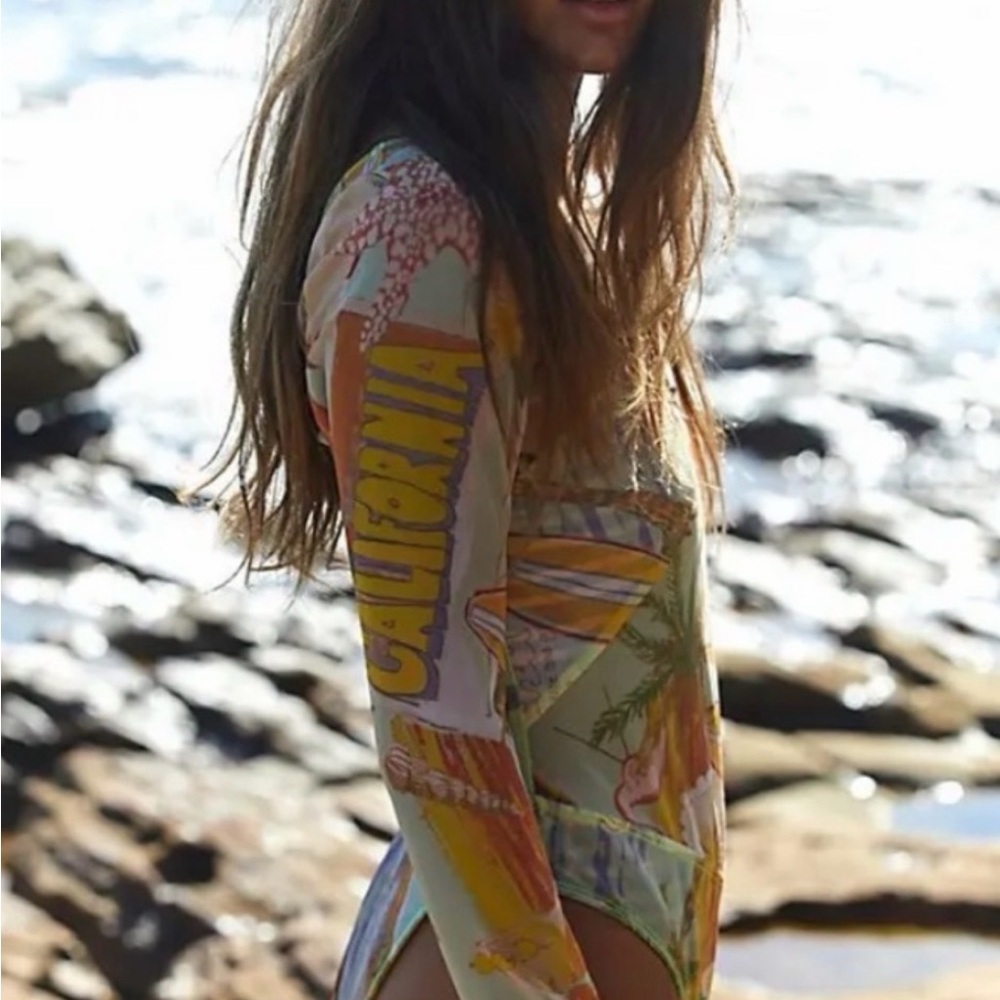 FP Beach California Postcard Print Long Sleeve One-Piece Swimsuit | M/M